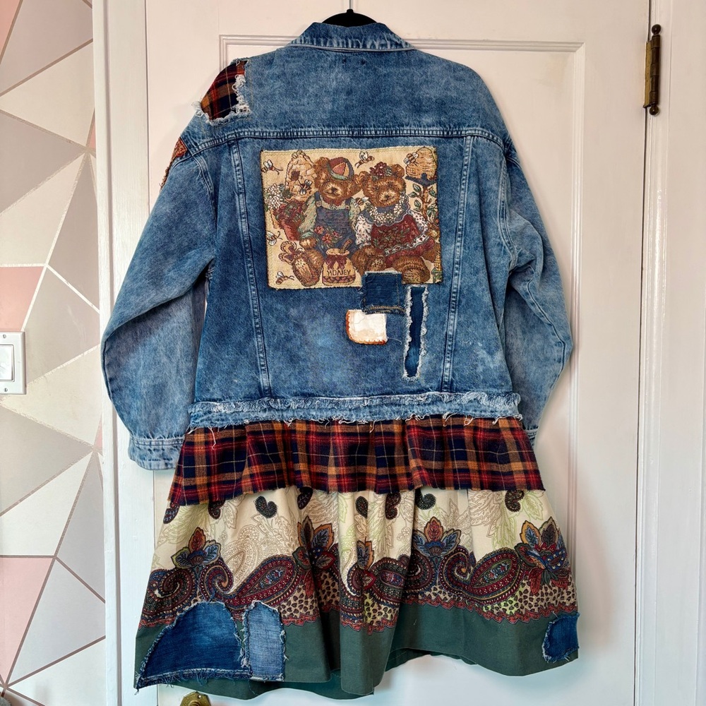 Upcycled Bears Denim Jacket Embellished Patchwork Boho Reworked Oversized Plaid